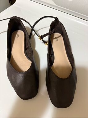 Zara Dark Brown Leather Ankle-Strap Flats size 39